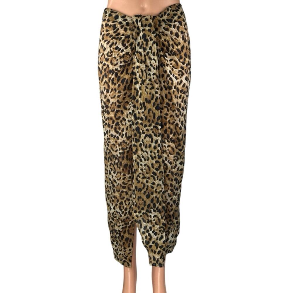 Zara Tan Black Leopard Animal Print Knit Zip Knot Front Midi Slip Skirt Size S